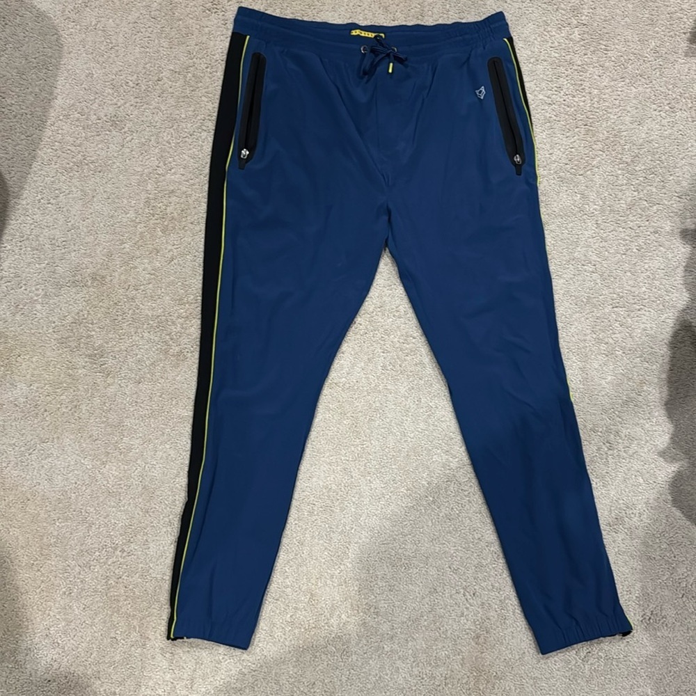 Prince & Fox blue men’s track pants with black/ neon stripes size large